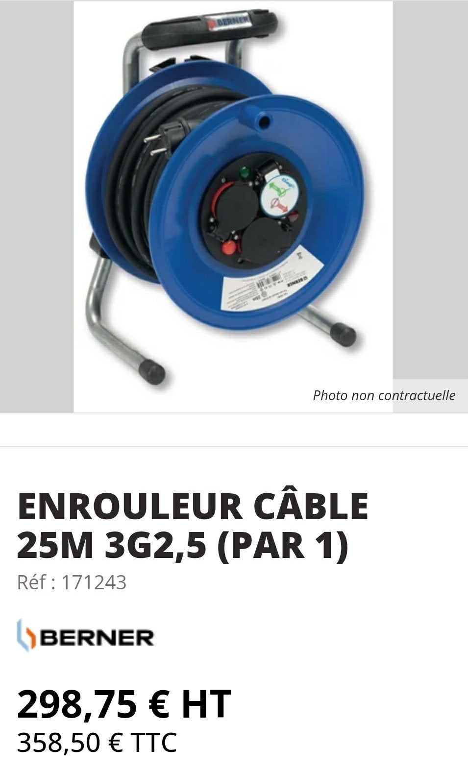 BERNER ENROULEUR RALLONGE DE CABLE 25M 3X2,5MM2 IP44, Enlèvement ou Envoi, Utilisé, Autres marques, Enrouleur de câble