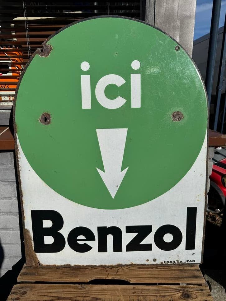 Vintage Emaille Bord "Ici Benzol" - Garage Reclame