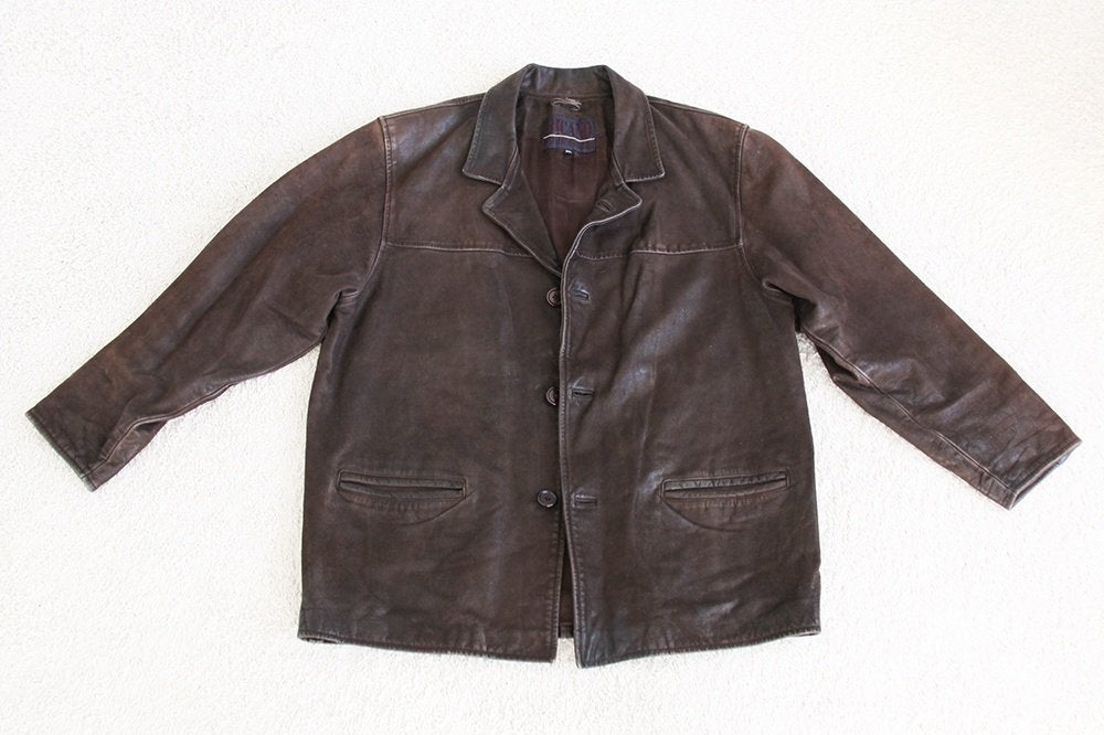 Belle veste en cuir vintage Ricano pour hommes (XL) €95, -, Taille 56/58 (XL), Brun, Ricano, Porté