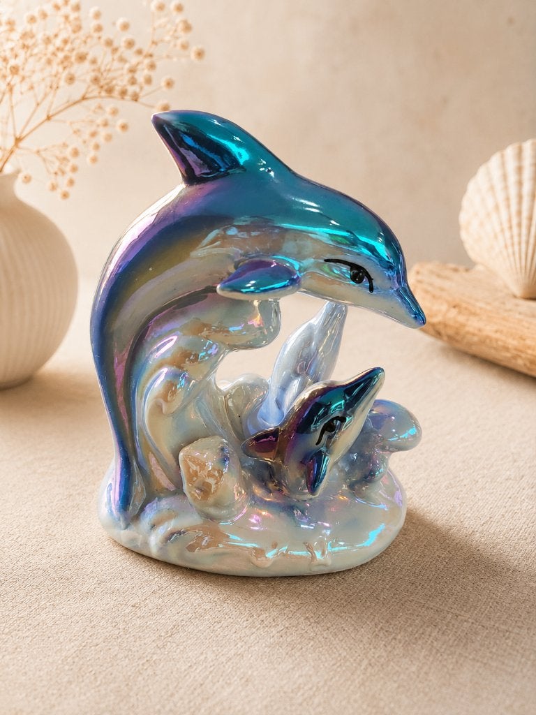 Mother of Pearl Dolphin Family — Figurine  en céramique, Vintage, Enlèvement ou Envoi, Bleu, Comme neuf
