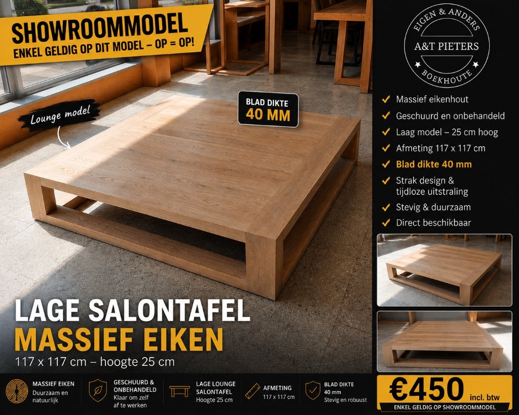 massief eiken lage salontafel, Huis en Inrichting, Tafels | Salontafels, Ophalen, Nieuw, Tijdloos, Minder dan 50 cm
