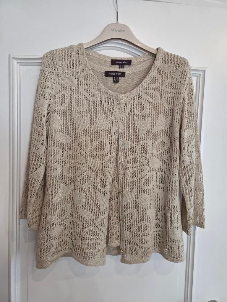 Twin-set Marie Méro beige fil doré lurex + boutons Swarovski, Taille 42/44 (L), Beige, Marie Méro, Comme neuf