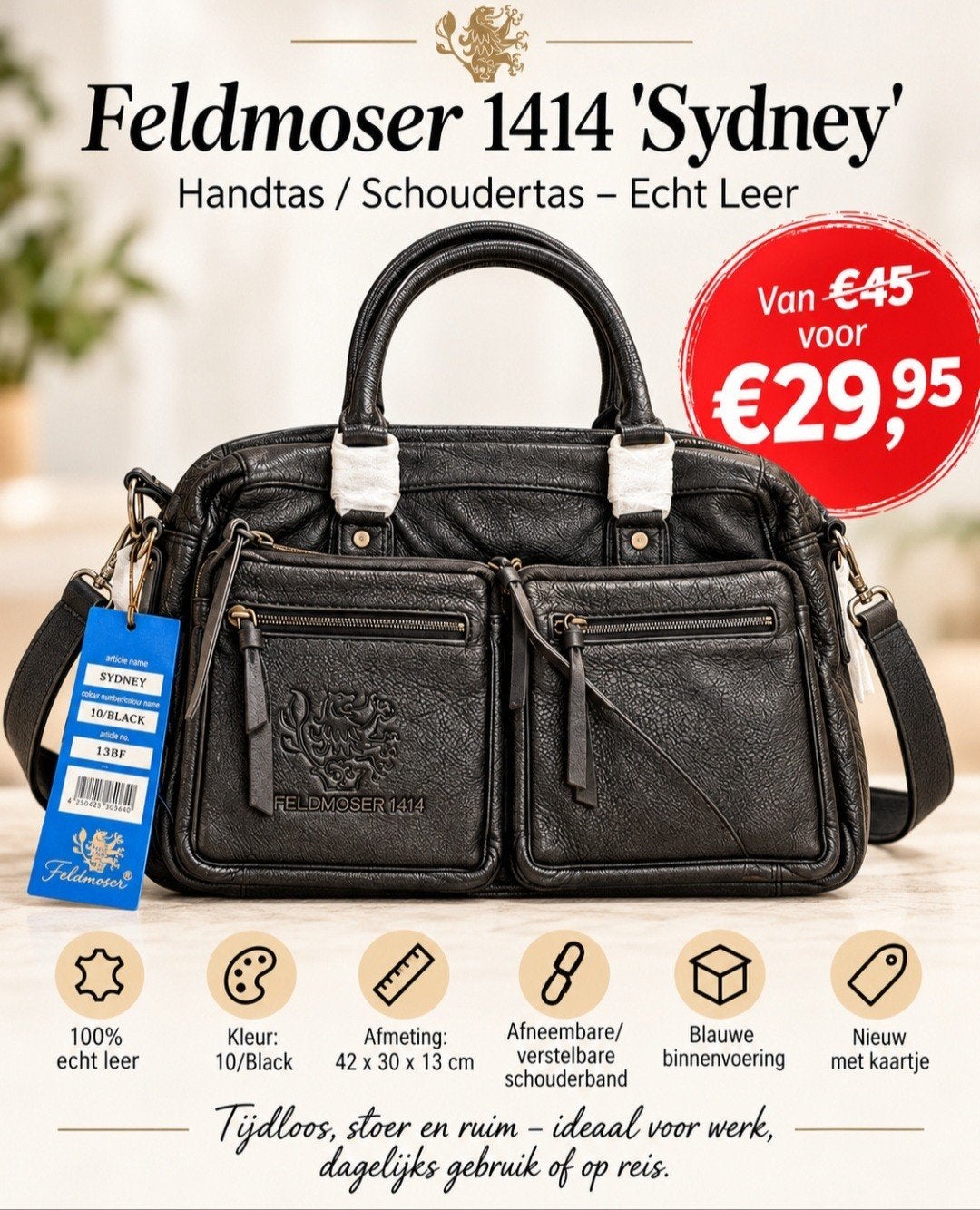 Sac à main/bandoulière Feldmoser 1414 Sydney en cuir noir No, Neuf, Autres marques, Cuir, Enlèvement ou Envoi