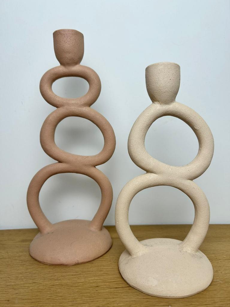 Lot de 2 bougeoirs design beige & terracotta – style bohème, Neuf, Enlèvement ou Envoi, Brun, Autres matériaux
