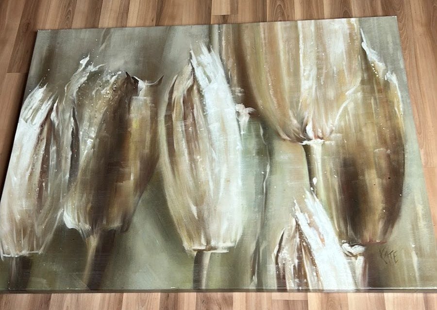 modern abstract schilderij – 120 x 90 cm – warme aardetinten, Antiek en Kunst, Ophalen of Verzenden, Abstract
