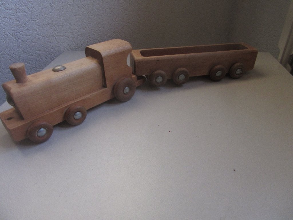 Vintage houten Jukka speelgoedtrein: locomotief en wagen, Antiek en Kunst, Ophalen of Verzenden