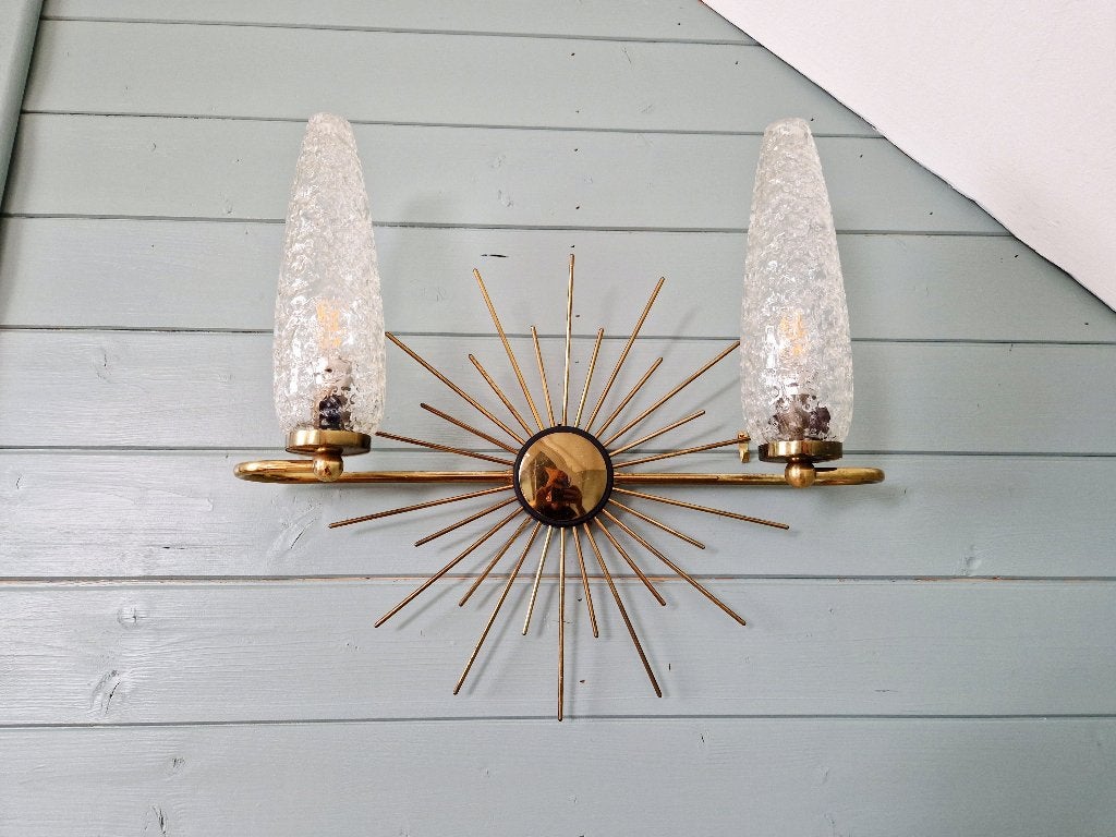 Messing wandlamp met zon (2 beschikbaar), 1950, Antiek en Kunst, Antiek | Verlichting, Ophalen of Verzenden