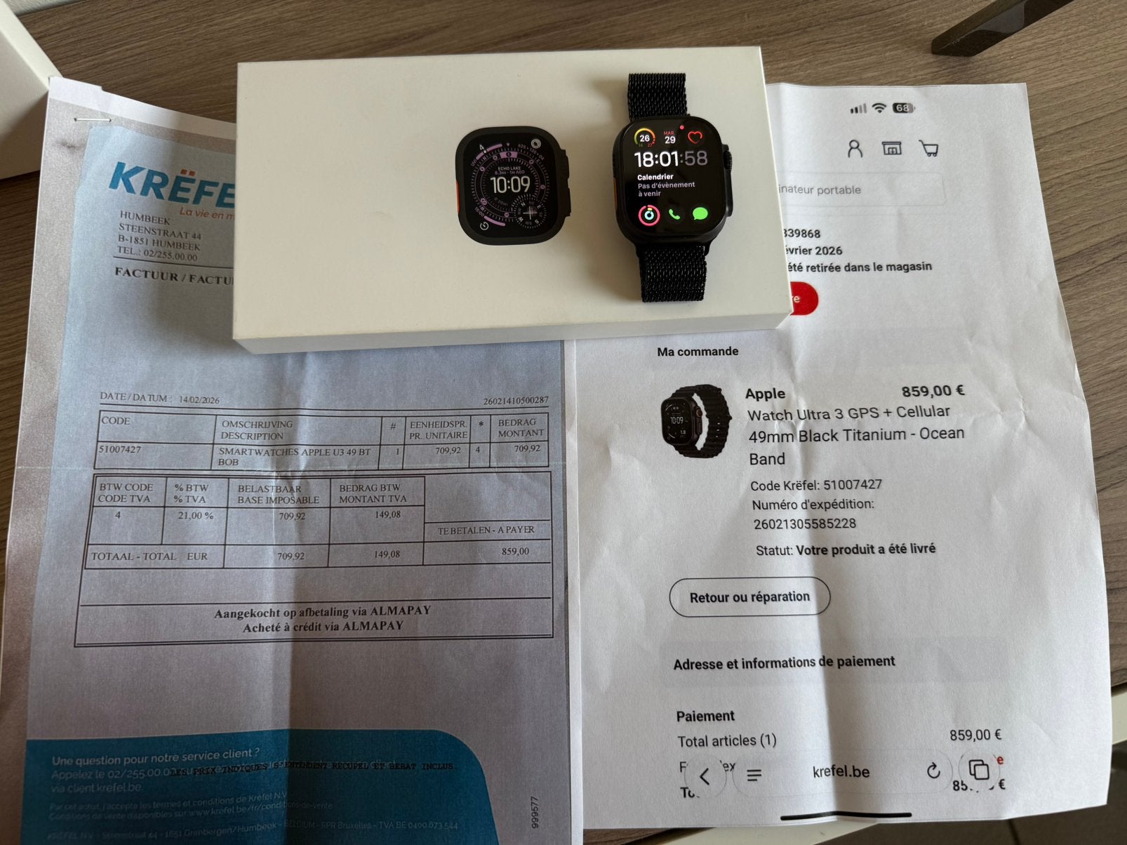 Apple Watch ultra 3 black facture garantie, Enlèvement