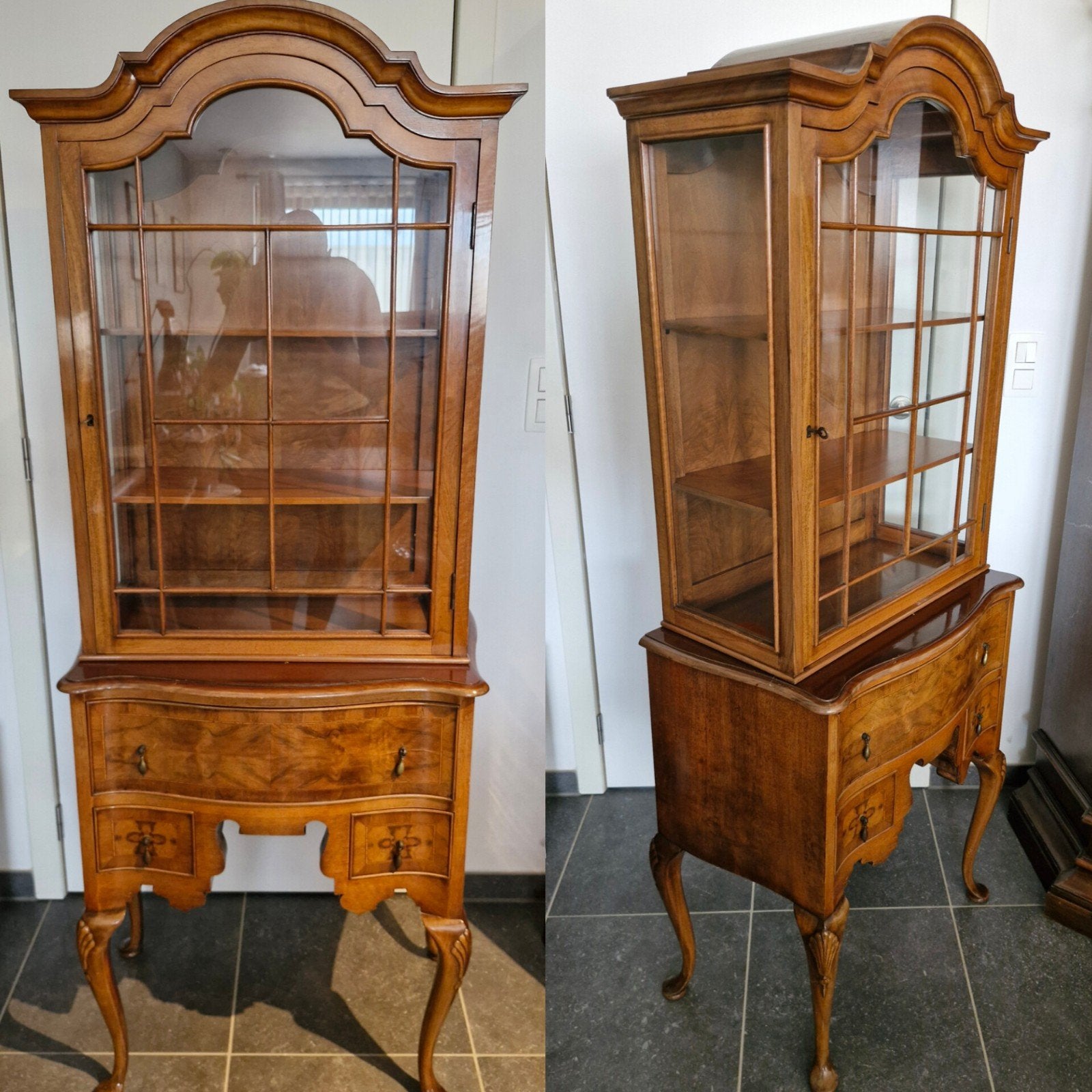 Elegante vitrinekast in Queen Anne-stijl – wortelnotenfineer, Huis en Inrichting, Kasten | Vitrinekasten, Ophalen