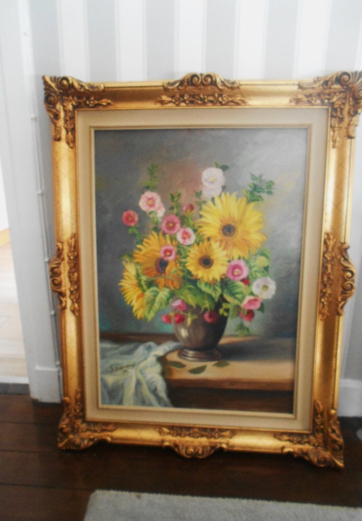 ancien grand  tableau dans cadre doré  G.Secomandi, Peinture à l'huile, Signé, Enlèvement, Fleurs