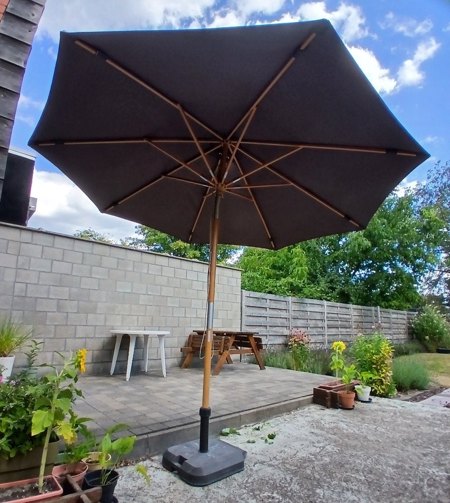 Stok parasol hout met afdekhoes, ZONDER VOET, Ophalen, Gebruikt, Kantelbaar, 2 tot 3 meter