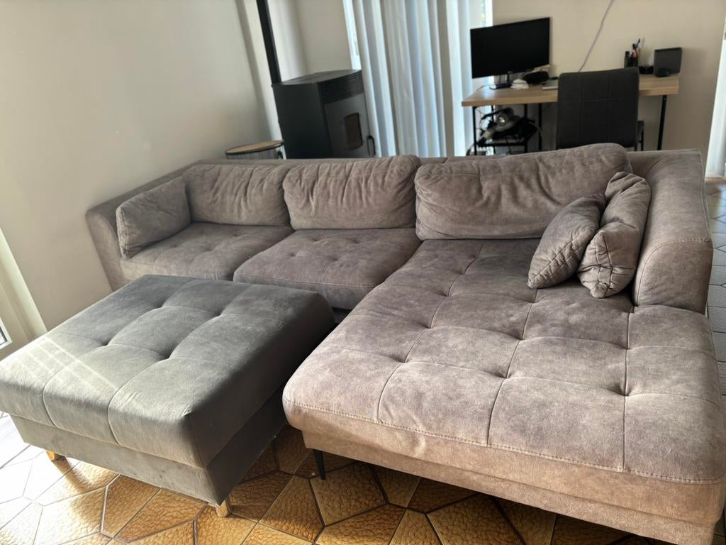 Grote hoekbank met chaise lounge en poef, Ophalen, Gebruikt, Stof