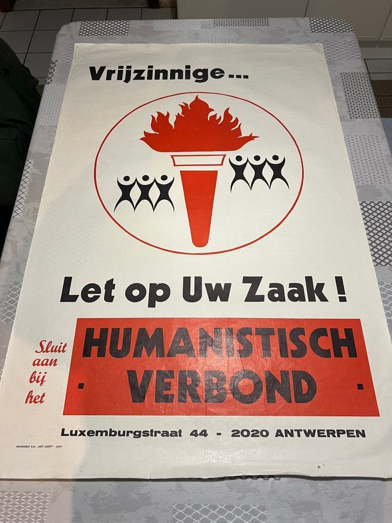Vintage Poster Vrijzinnige... Let op uw Zaak! Humanistisch V, Verzamelen, Posters, Gebruikt, Overige onderwerpen, Deurposter of groter