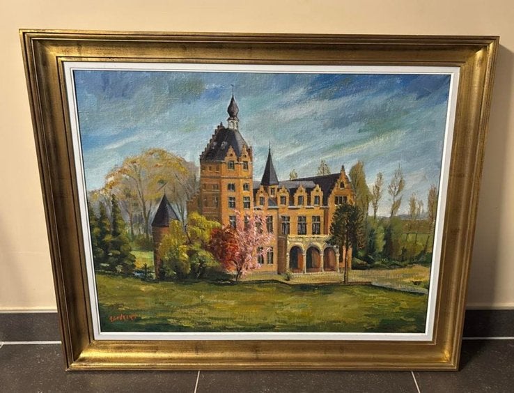 Schilderij kasteel, Antiek en Kunst, Ophalen, Doek, Gesigneerd, Landschap