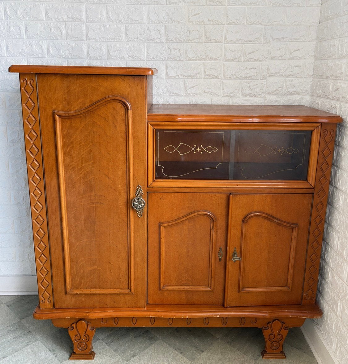 Vintage vitrine-/boekenkast met glazen schuifdeuren, Antiek en Kunst, Ophalen