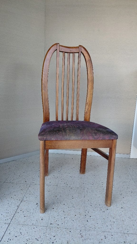 Vintage houten eetkamerstoel met stoffen zitting, Ophalen, Hout, Bruin, Vintage