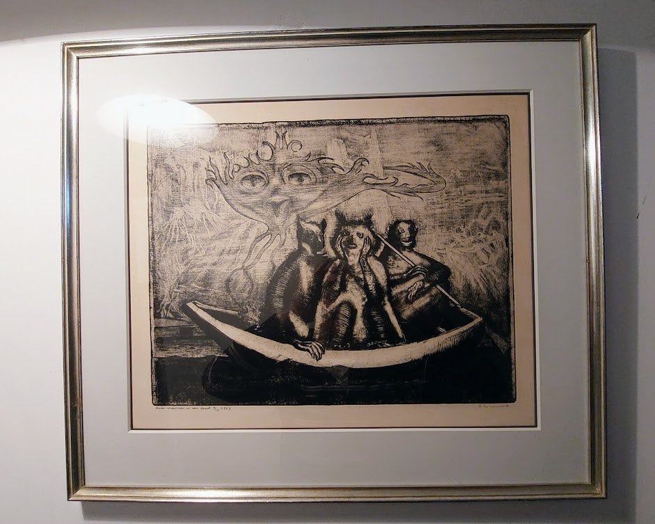 René de Coninck gravure/aquatinte«trois hommes en bateau», 1950 - 1999, Mythologie, 62 cm, Numéroté