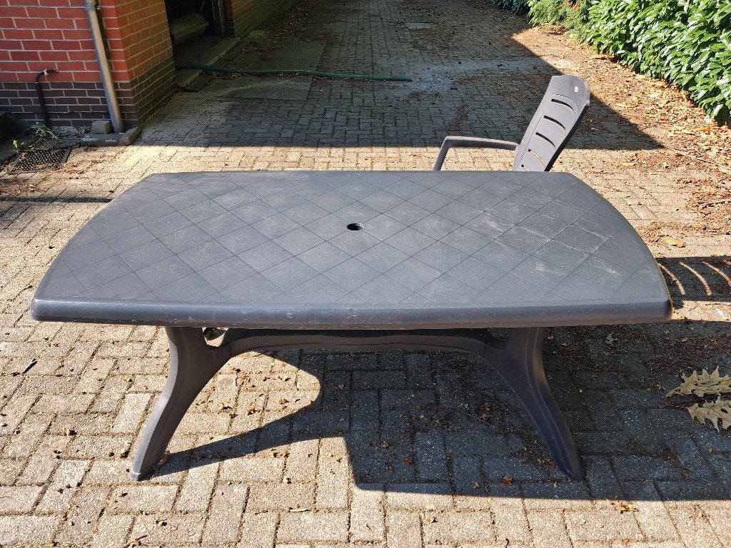 Plastic tuintafel met 6 stoelen - anthracietgrijs, Tuin en Terras, Ophalen, Zo goed als nieuw, Rechthoekig, Plastic