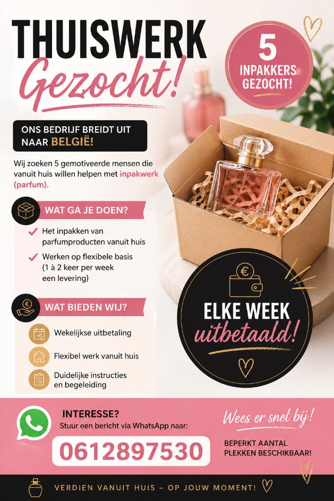 THUISWERK AANGEBODEN INPAKWERK, Offres d'emploi, Emplois | Travail à domicile, Premier Emploi, Contrat à durée indéterminée, Convient comme travail d'appoint