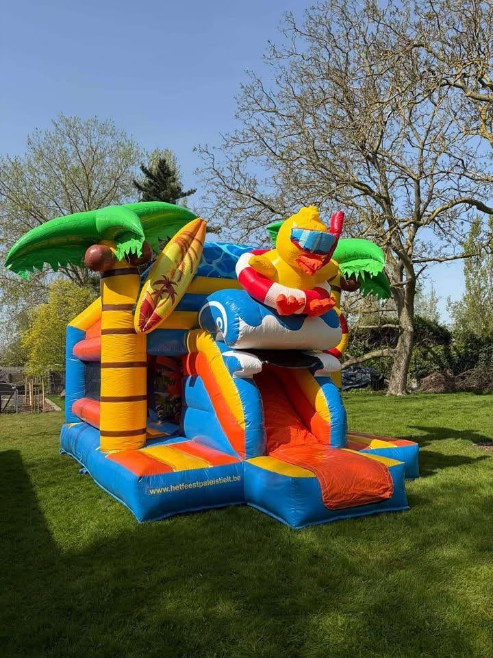 Verhuur springkasteel Duck met glijbaan, Hobby en Vrije tijd, Feestartikelen | Verhuur, Verzenden