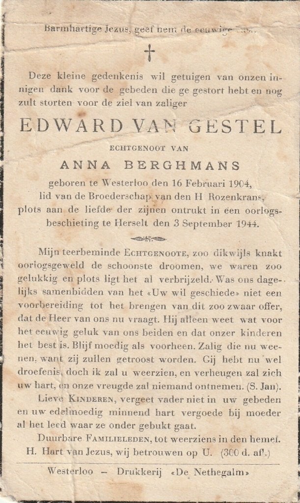 Gefusilleerd 1944 Edward Van Gestel Herselt 03.09.1944, Verzamelen, Ophalen of Verzenden