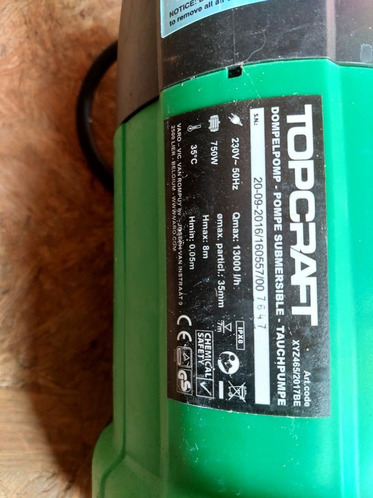 Dompelpomp merk topcraft, Enlèvement