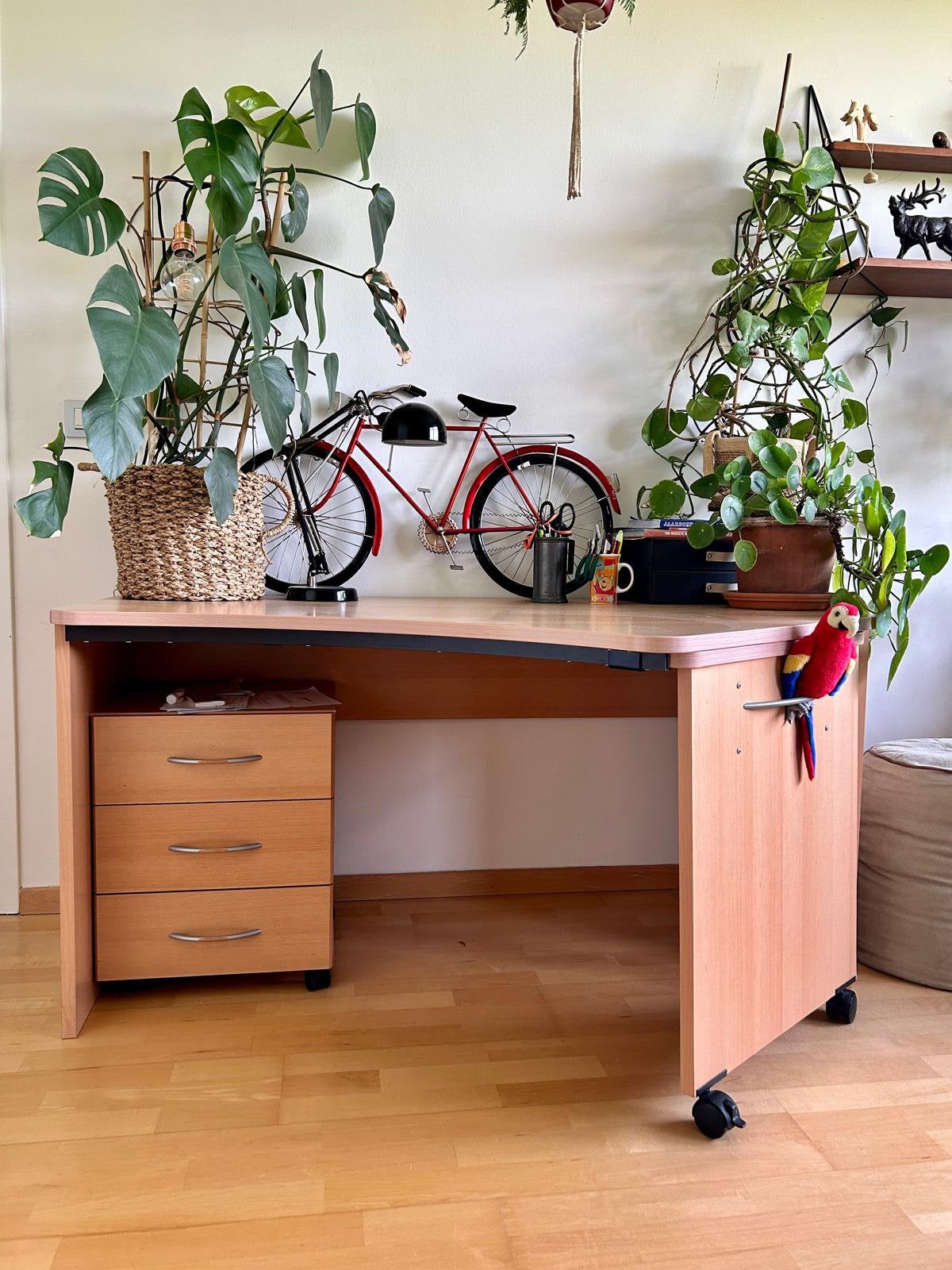 Uitschuifbare houten bureau met ladenkast, Gebruikt, Hout, Bureau-kast combinatie, Ophalen
