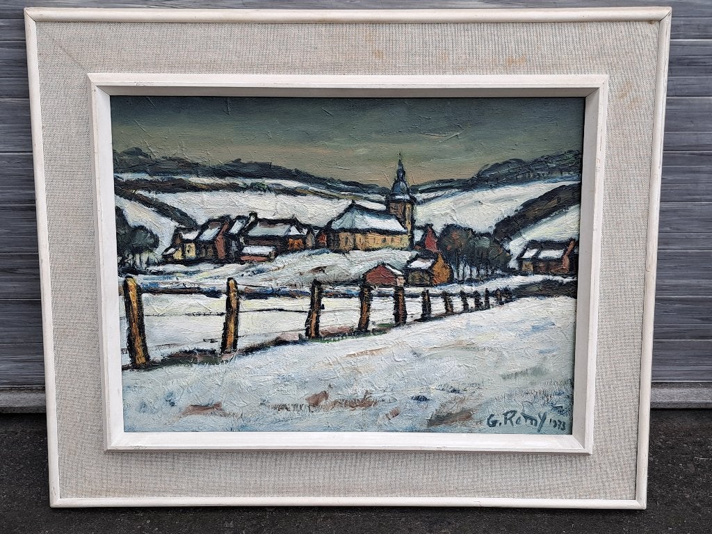 huile sur panneau village enneige signe georges remy, Antiquités & Art, Art | Peinture | Classique, Enlèvement ou Envoi, Toile