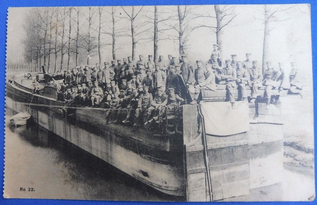 Feldpost (foto) 1914 Militairen op Schip Inf. Rgt. 27 WO1 -D, Verzenden, Landmacht, Overige typen