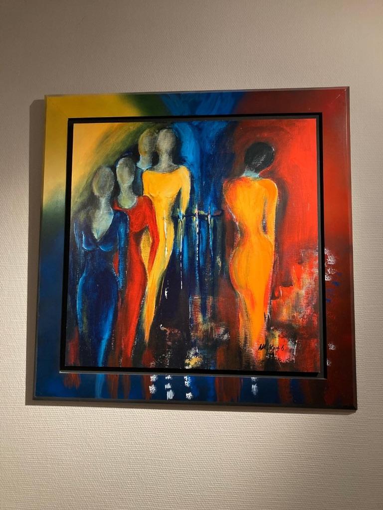 Groot abstract schilderij 88x88 cm – gesigneerd M. Korb B, Huis en Inrichting, Ophalen, Zo goed als nieuw, 75 tot 100 cm, Schilderij