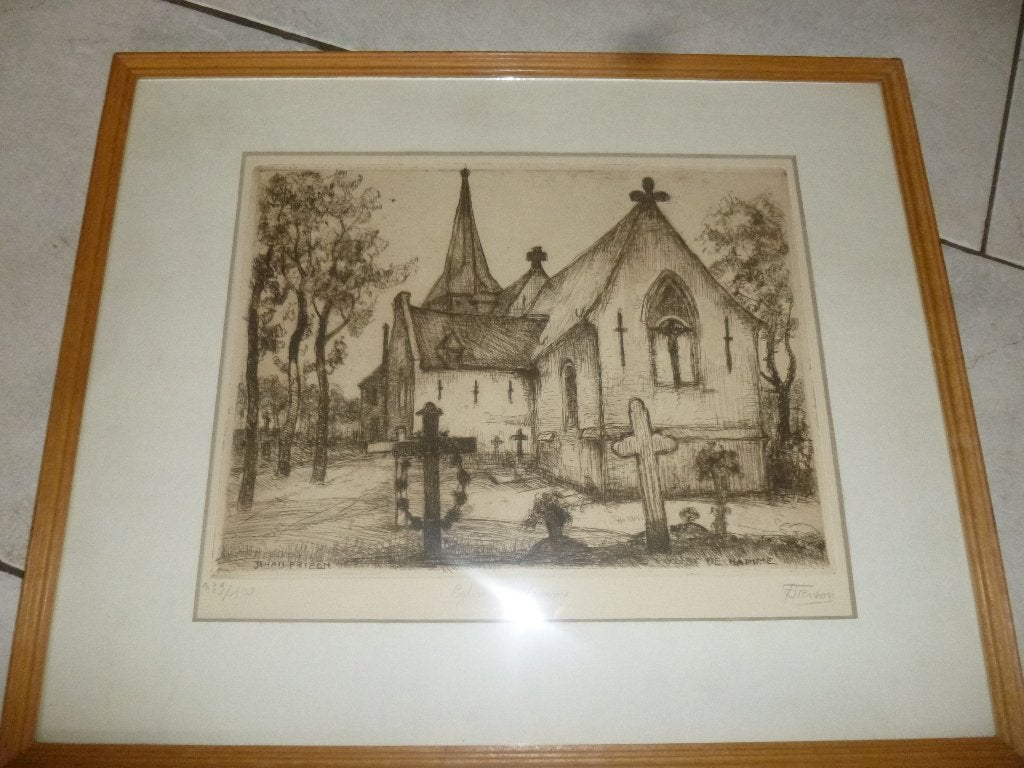 ets gesigneerd Jehan Frison , kerk van Hamme, Antiquités & Art, Enlèvement ou Envoi, Eau-forte, Signé