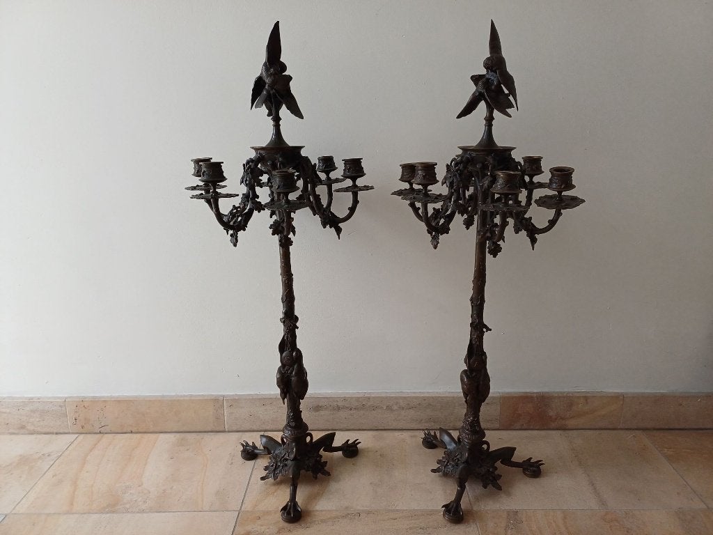 2 majestueux chandeliers en bronze massif, Auguste Cain, Antiquités & Art, Enlèvement, Bronze