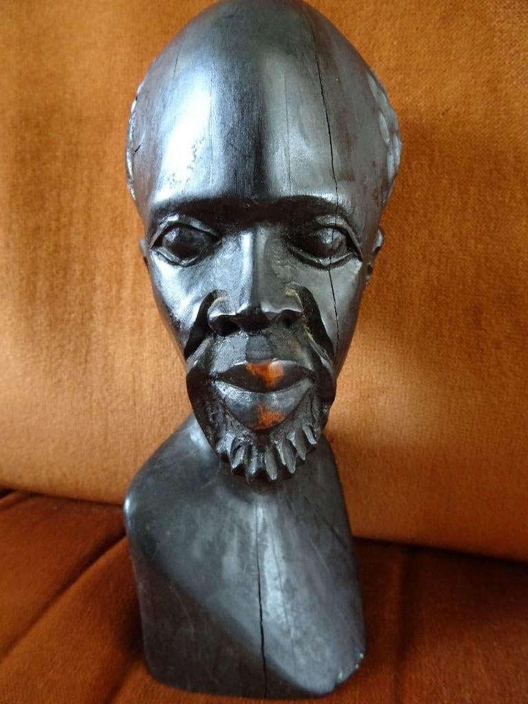 Curiosa Afrikaans ebbenhouten beeld borstbeeld man 21cm 1960, Antiek en Kunst, Curiosa en Brocante, Ophalen of Verzenden