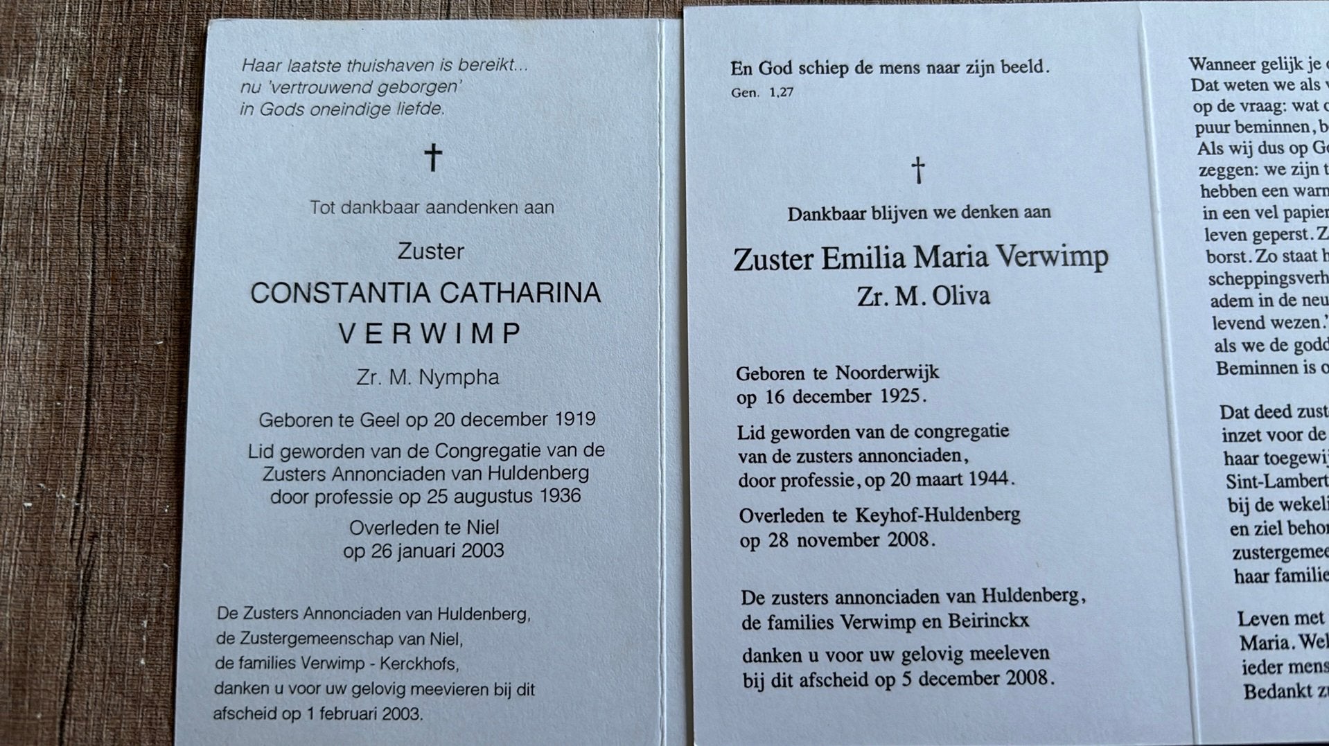 2 photos de sœurs de la famille Verwimp, Envoi, Image pieuse