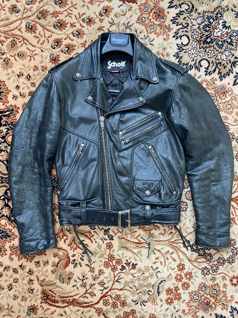 Perfecto Schott - cuir vachette - Patine Vintage Punk, Zwart, Gedragen, Maat 46 (S) of kleiner, Ophalen