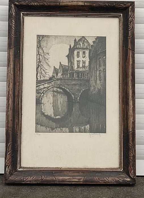 gravure pont de bruges signe roger hebbelinck, Antiquités & Art, Enlèvement ou Envoi, Gravure