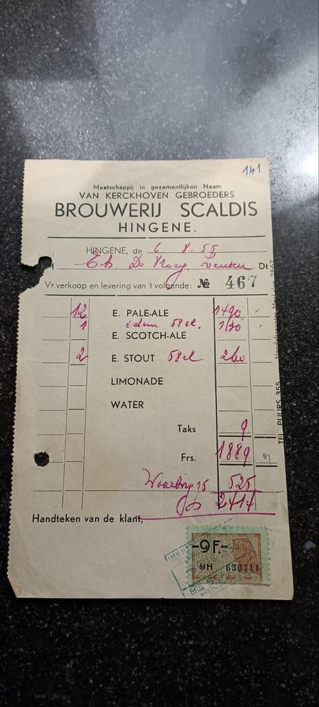 Oude faktuur 1955 brouwerij Scaldis Hingene Bornem, Verzamelen, Biermerken, Ophalen of Verzenden