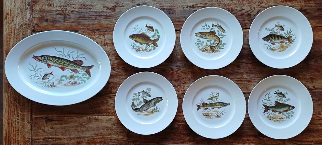 6 assiettes vintage et 1 assiette ovale à motif de poisson, Enlèvement