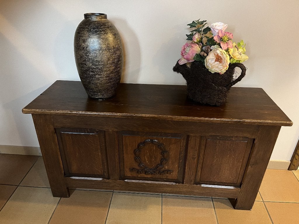 Koffer / Kist / Chest Bank in massief eikenhout, Ophalen, 50 – 75, Minder dan 50 cm, 100 tot 150 cm