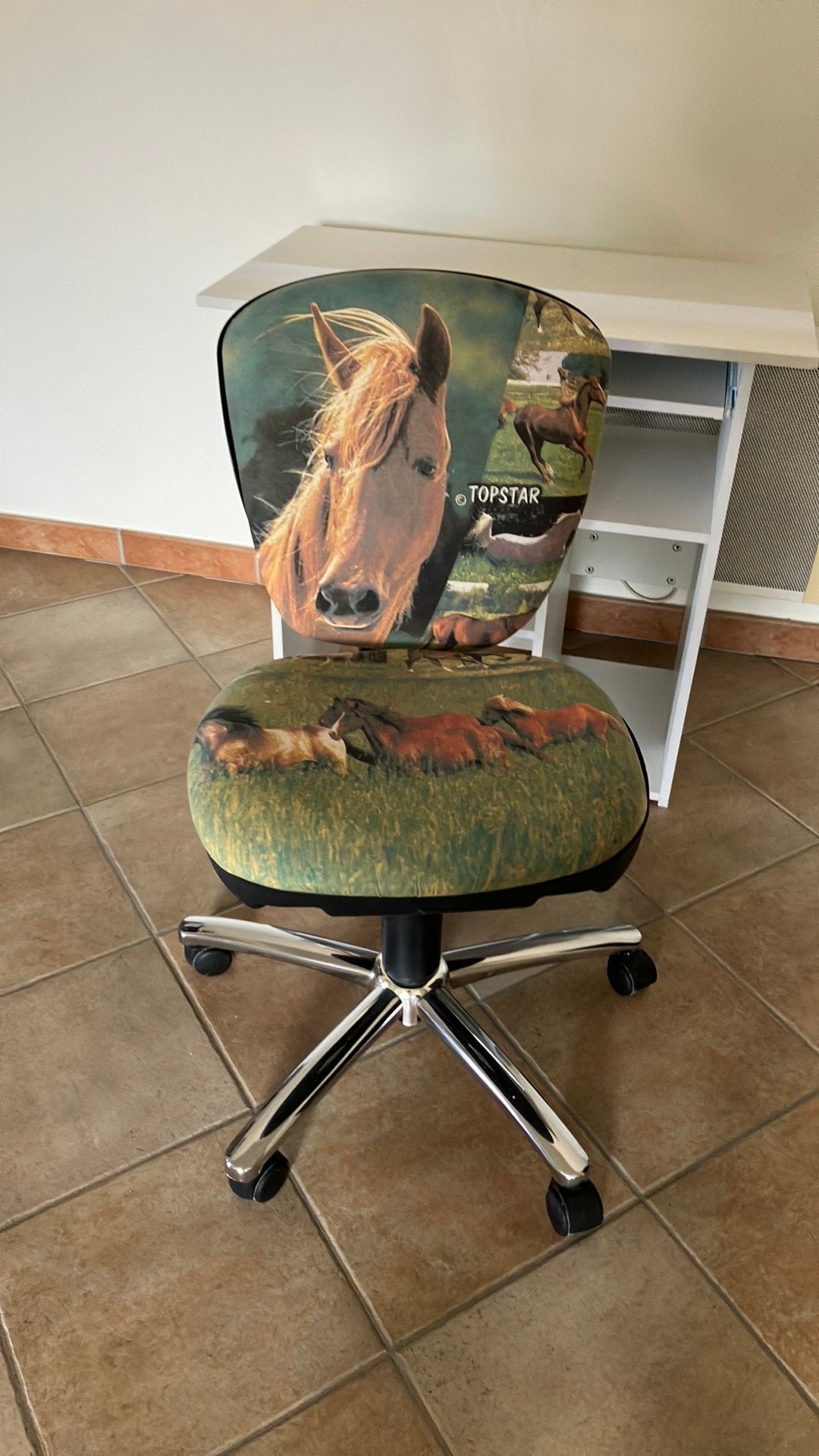 Verstelbare bureaustoel met paardenfoto, Huis en Inrichting, Bureaustoelen, Ophalen, Zo goed als nieuw, Bureaustoel