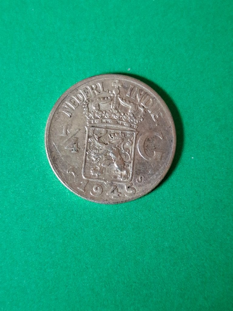 1945 Nederlands Indië 1/4 gulden in zilver Wilhelmina, Verzenden, Zuidoost-Azië, Losse munt, Zilver