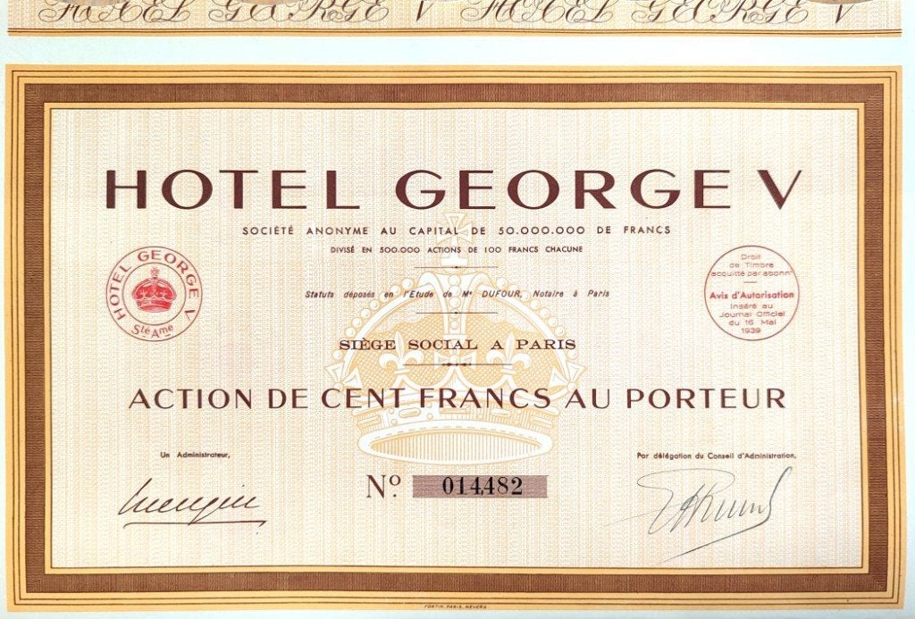 Hotel George V Parijs 1939, Postzegels en Munten, Aandelen en Waardepapieren, Aandeel, 1920 tot 1950, Ophalen of Verzenden