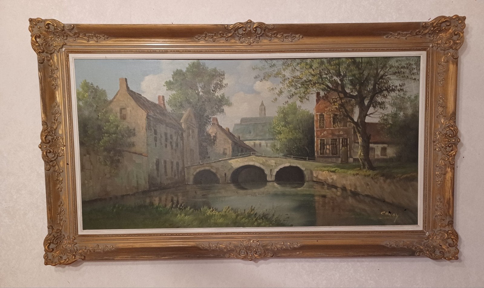 Groot schilderij met mooie sierlijst., Enlèvement, Signé, Peinture à l'huile, Toile