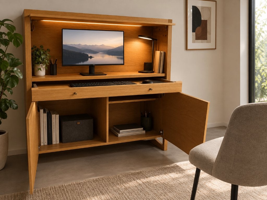 Bureau fermé / bar / vaisselier chêne, Comme neuf, 100 à 150 cm, Chêne, 100 à 150 cm