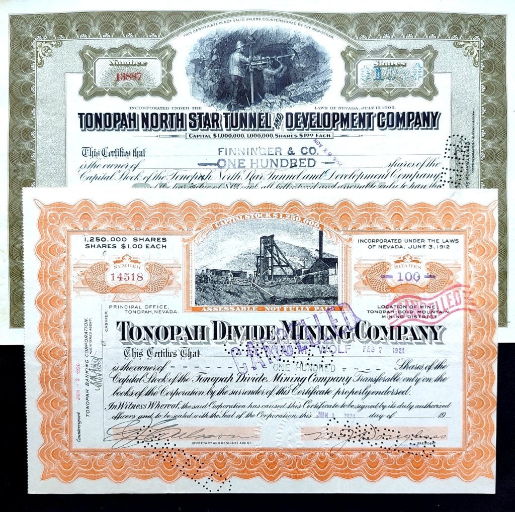 2X Tonopah mining stocks 1917 & 1920, Timbres & Monnaies, Enlèvement ou Envoi, Avant 1920, Certificat d'action