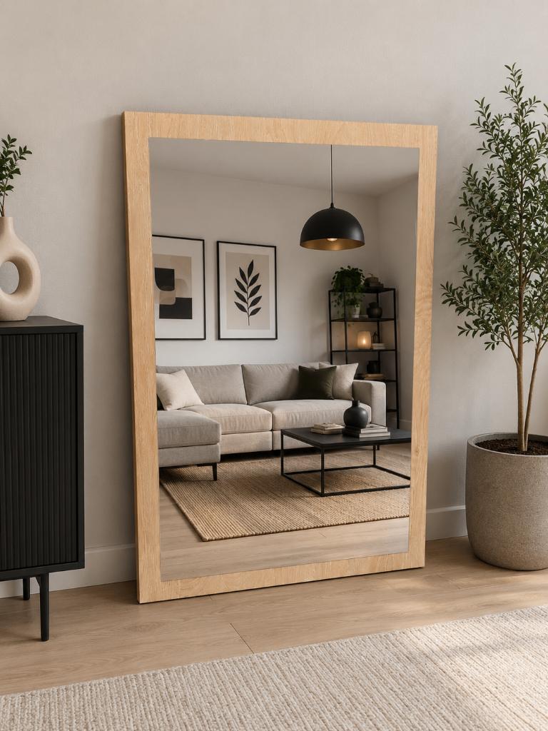 Moderne spiegel houtlook kader – 100 x 70 cm, Ophalen, Zo goed als nieuw, Minder dan 100 cm, Rechthoekig