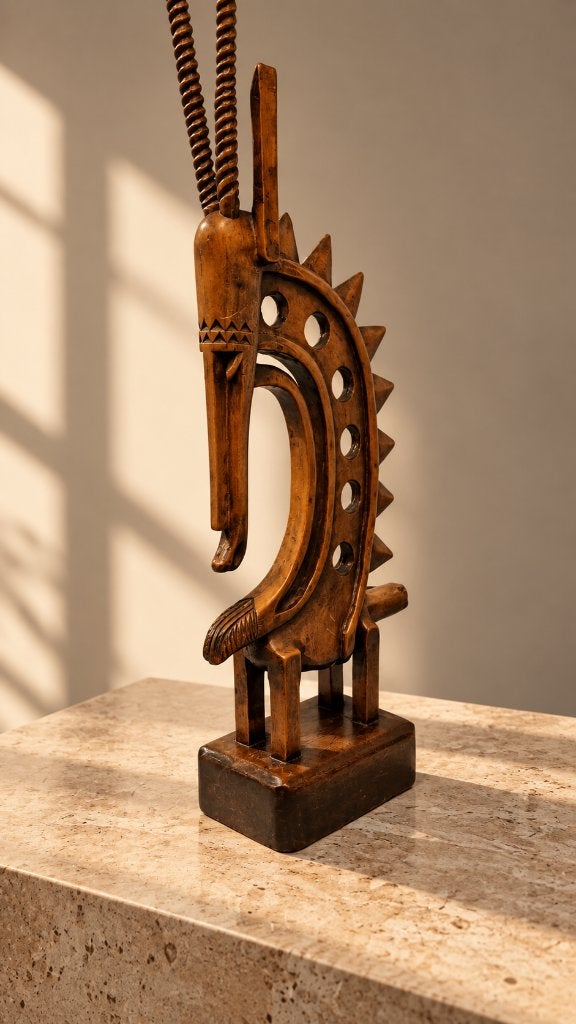 Tyi Wara antilopebeeld in gesneden hout (Afrikaanse kunst), Zoogdier, Hout, Bruin, Afrika