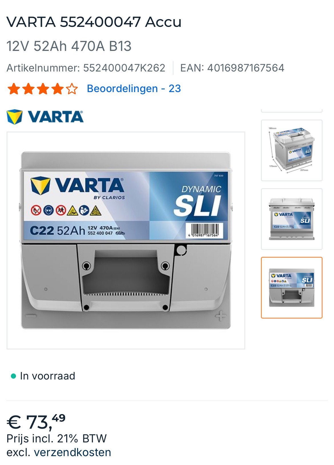 Auto batterij VARTA 552400047, Autos : Pièces & Accessoires, Enlèvement