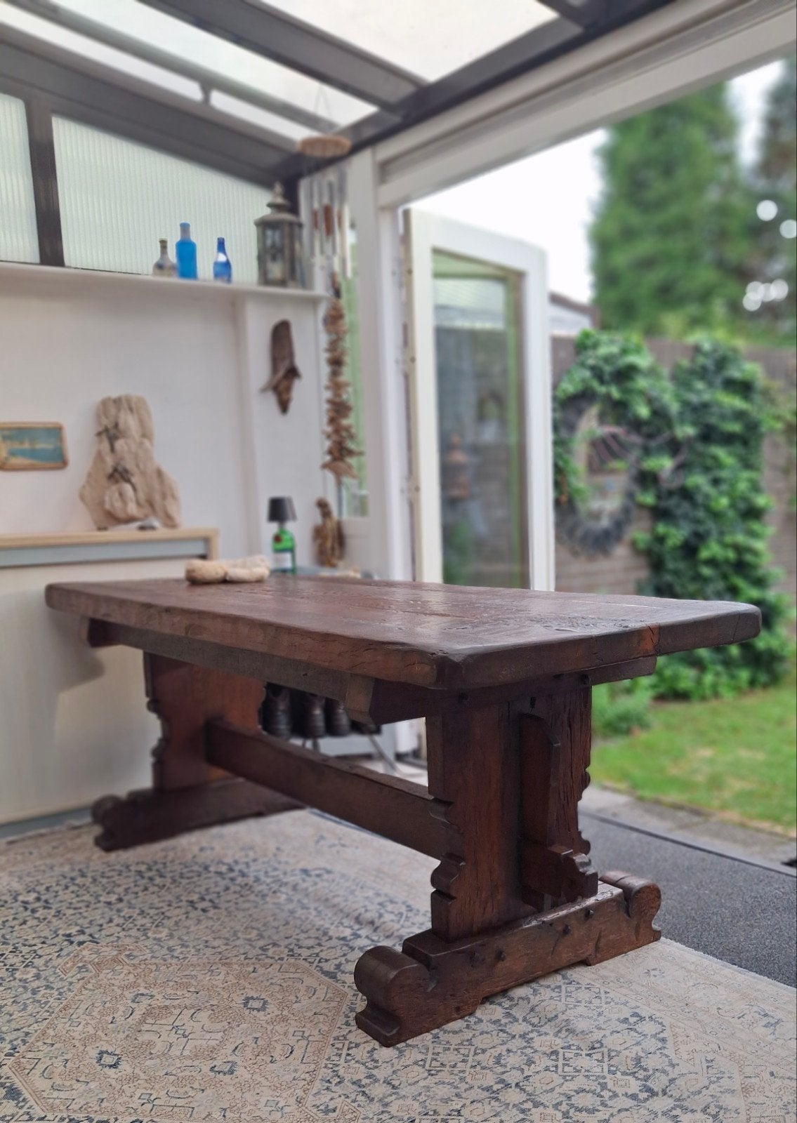 oud eiken kloostertafel eettafel 201x79x77.8, Eikenhout, 200 cm of meer, Zo goed als nieuw, Vijf personen of meer