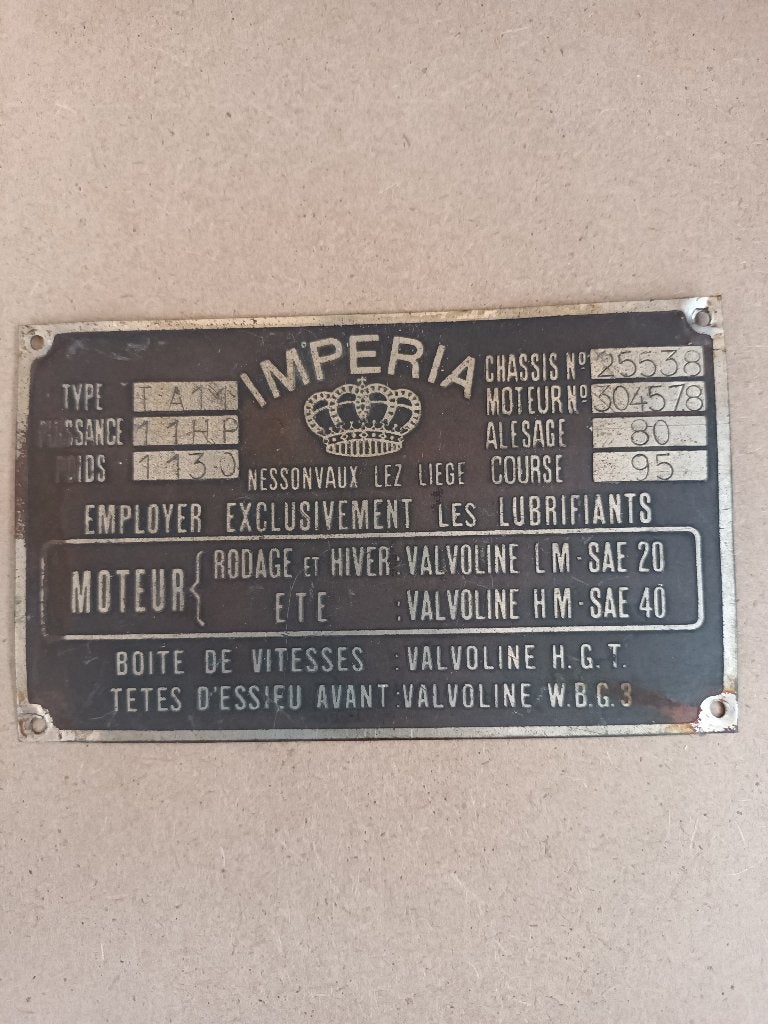 vintage oldtimer imperia liege chassis id plaat, Enlèvement, Utilisé, Voitures